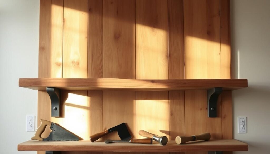 A rustic wooden shelf, its natural grain and knots on full display, standing proudly against a warm, sunlit backdrop. The shelf is adorned with simple, elegant brackets, casting soft shadows on the weathered wood. In the foreground, various woodworking tools, such as a hand saw, chisel, and hammer, rest on the shelf, hinting at the process of crafting these DIY farmhouse-inspired shelves. The lighting is soft and diffused, creating a serene, inviting atmosphere, perfect for showcasing the beauty and simplicity of these handmade home accents.