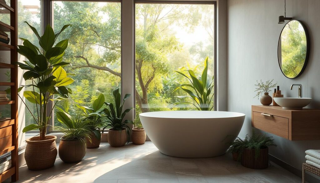 A serene bathroom interior with a lush, verdant garden view through large windows. Soft, natural lighting filters in, casting a warm glow on biophilic design elements like potted plants, natural wood accents, and a stone tile floor in earthy tones. A freestanding bathtub takes center stage, nestled amidst greenery and natural textures that invite a reconnection with the outdoors. The overall effect is one of tranquility and a harmonious blend of indoor and outdoor spaces, creating an oasis of relaxation.