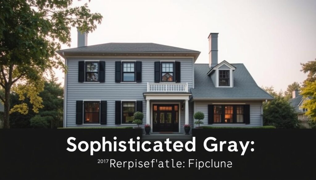 A serene exterior with a sophisticated gray palette. A stately two-story home stands against a softly hazy sky, its facade bathed in warm, natural light. The gray paint has a subtle hint of blue, creating a calm and timeless look. Carefully curated accent colors, such as black window frames and a touch of natural wood, add depth and visual interest. The landscaping is minimal yet elegant, with neatly trimmed hedges and a few potted plants flanking the inviting entryway. The overall scene conveys a sense of refinement and understated luxury, perfectly suited for the "Sophisticated Gray: The Versatile Neutral" section of the article.