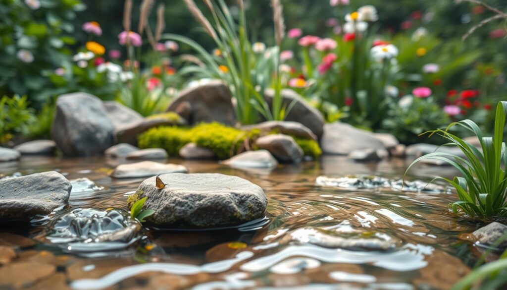 A serene miniature water feature set in a lush, vibrant garden. In the foreground, a shallow pool with gently rippling water, surrounded by smooth river rocks and delicate aquatic plants. Mid-ground, an arrangement of mossy boulders and graceful ornamental grasses, creating a sense of depth and natural flow. In the background, a softly blurred verdant backdrop of blooming flowers and foliage, inviting an array of small wildlife like butterflies and dragonflies. Warm, diffused lighting casts a soothing ambiance, reflecting off the tranquil surface of the water. Captured with a wide-angle lens to showcase the intimate, enchanting scale of this tranquil oasis.