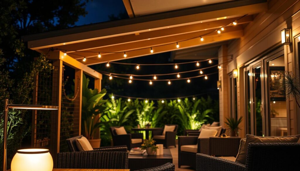A serene, modern patio illuminated by a mix of warm, ambient lighting. In the foreground, sleek, minimalist lamps cast a soft glow, accentuating the clean lines of the patio furniture. In the middle ground, string lights lazily drape across the overhead structure, creating a cozy, inviting atmosphere. The background is framed by lush greenery, with strategically placed uplights highlighting the architectural details of the space. The overall effect is one of sophistication and relaxation, perfect for al fresco dining and entertaining under the stars.