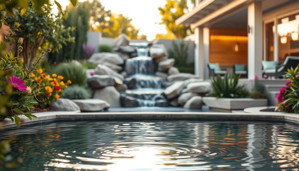 A serene outdoor oasis with a captivating water feature. In the foreground, a tranquil pond reflecting the surrounding foliage, its surface gently rippling. Lush greenery and vibrant flowers frame the scene, creating a harmonious natural canvas. In the middle ground, a sculptural waterfall cascades over smooth rocks, its calming flow punctuated by the occasional splash. Warm, directional lighting casts a soft, golden glow, evoking a sense of peaceful ambiance. The background showcases a beautifully designed patio or deck, its clean lines and elegant furnishings complementing the natural elements. The overall composition exudes a balance of relaxation and refined design, inviting the viewer to step into this serene outdoor living space.