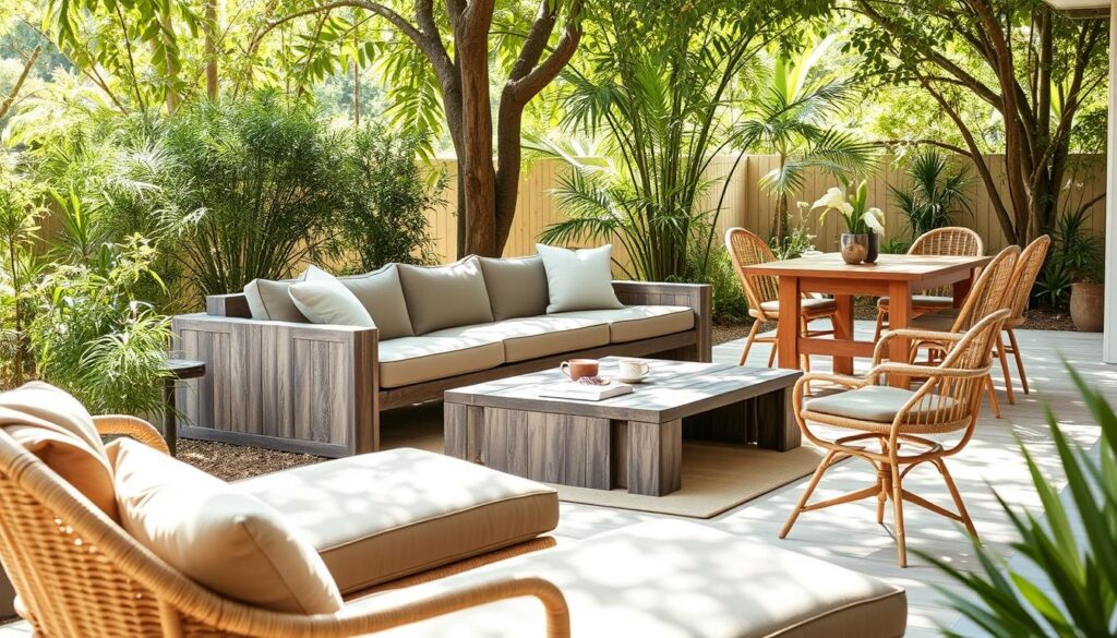 A serene outdoor setting showcasing a variety of sustainable furniture options. In the foreground, a stylish lounge chair made from woven rattan with plush, earthy-toned cushions. In the middle ground, a modular sofa system constructed from recycled plastic and weathered wood, complemented by a minimalist coffee table. In the background, a dining set featuring a solid wood table surrounded by classic bistro chairs crafted from bamboo. Dappled sunlight filters through the lush foliage, casting a warm, natural glow across the scene. The overall atmosphere exudes a sense of eco-conscious design and tranquil, outdoor living.