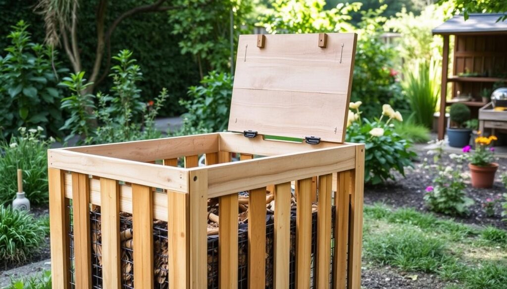 A simple, rustic DIY compost bin standing outdoors in a lush garden setting. The bin is constructed from natural materials like wooden slats or wire mesh, with a hinged lid on top. The foreground features the bin filled with organic waste matter in various stages of decomposition. The middle ground showcases the bin's simple yet effective design, with a focus on the air vents and access door. The background depicts a serene garden scene with verdant plants, flowers, and perhaps a tool shed or other natural elements. The lighting is natural, with soft shadows and highlights that accentuate the textures of the materials. The overall mood is one of self-sufficiency, sustainability, and a connection to the earth.
