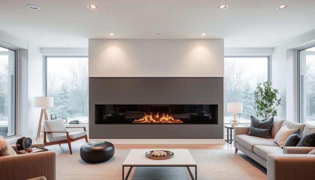 A sleek, contemporary fireplace set against a minimalist, light-filled living room. The fireplace, with its clean lines and modern design, is the focal point, flanked by floor-to-ceiling windows that let in ample natural light. The room is furnished with a mix of mid-century modern and contemporary pieces, creating a harmonious blend of styles. Soft, diffused lighting from recessed ceiling fixtures and strategically placed lamps cast a warm, cozy glow throughout the space. The overall aesthetic is one of understated sophistication, with a seamless integration of form and function.