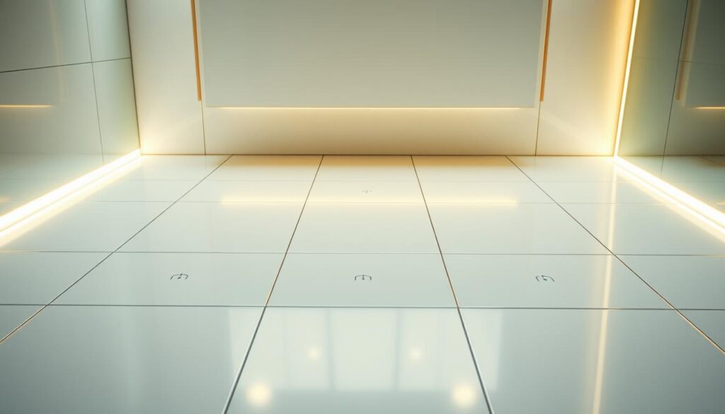 A sleek, modern bathroom floor with seamlessly integrated smart tiles. The tiles are arranged in a clean, geometric pattern, creating a visually striking and futuristic design. The tiles have a smooth, glossy surface that reflects the warm, soft lighting above, creating a serene and inviting atmosphere. Subtle, backlit accents along the edges of the tiles emit a soft, ambient glow, adding to the high-tech aesthetic. The tiles are equipped with sensors and connectivity, allowing them to monitor and respond to foot traffic, temperature, and moisture levels, providing a truly intelligent and adaptive bathroom experience.