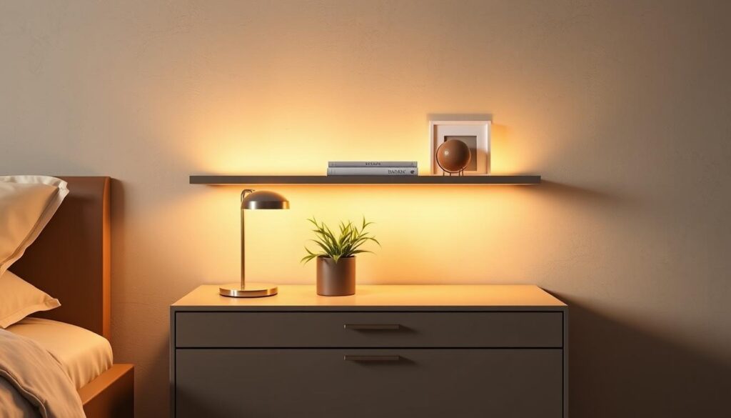 A sleek, modern bedside table with a floating shelf design, bathed in warm, directional lighting. The tabletop is minimalist, featuring a single, elegant lamp and a small potted plant. The floating shelf above showcases a few carefully curated decor pieces, creating a sense of balance and visual interest. The table is positioned against a muted, textured wall, allowing the clean lines and soft materials to take center stage. The overall atmosphere is one of understated sophistication, perfect for a serene and stylish bedroom.