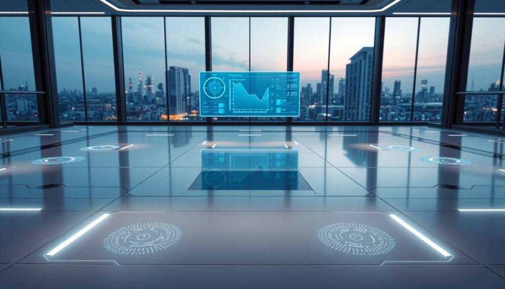 A sleek, modern interior with a futuristic flooring system. In the foreground, a seamless, glossy surface with embedded sensor panels and glowing accent lights. The middle ground features a trio of holographic control displays, showcasing customizable settings and real-time data analytics. In the background, a panoramic window reveals a cityscape, bathed in a cool, blue-hued lighting. The overall atmosphere is one of innovation, efficiency, and sophisticated technological integration.