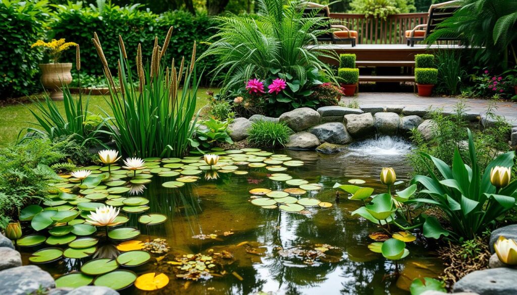A small backyard pond with a natural, lush design. The foreground features a tranquil body of water surrounded by a variety of aquatic plants, including water lilies, lotus flowers, cattails, and submerged greenery. The middle ground showcases a mix of verdant foliage, such as ferns, reeds, and flowering pond plants, creating a serene, naturalistic atmosphere. The background features a softly blurred, verdant garden setting, with a hint of a wooden deck or patio in the distance, allowing the pond to be the focal point. The lighting is soft and diffused, creating a calming, ambient glow. The overall composition conveys a sense of peaceful, harmonious coexistence between the water feature and the surrounding garden elements.