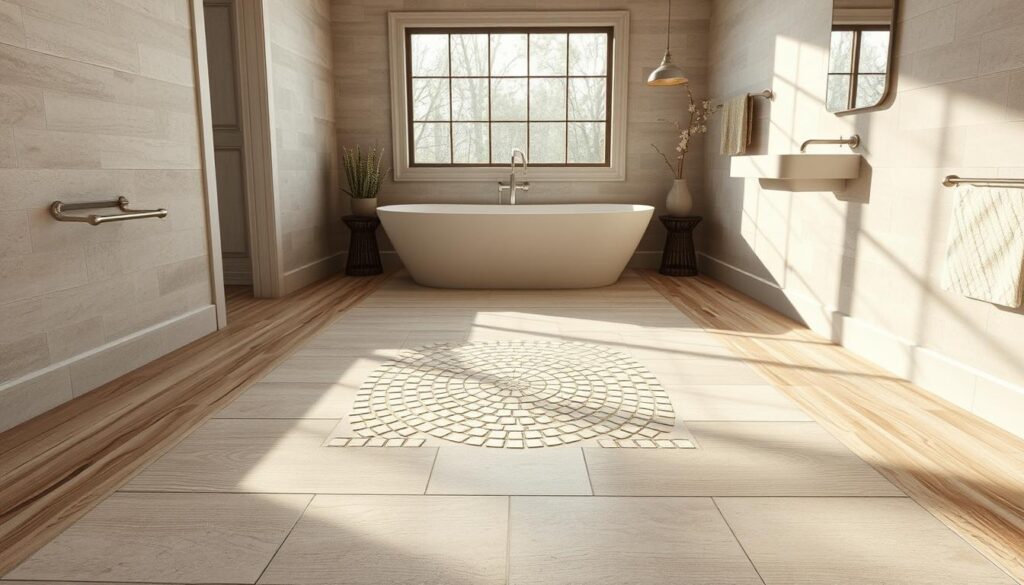 A spacious bathroom with a mixed media floor featuring a central mosaic tile pattern surrounded by a border of weathered wood planks. Soft, natural lighting streams in through a large window, casting a warm, inviting glow. Textured, matte tiles in a blend of earthy tones and natural stone accents create a cohesive, organic aesthetic. The wood planks add visual interest and a touch of rustic charm, seamlessly blending the tile and complementing the overall modern farmhouse style of the space. The camera angle captures the seamless transition between the tile and wood, showcasing the harmonious integration of the mixed media flooring.