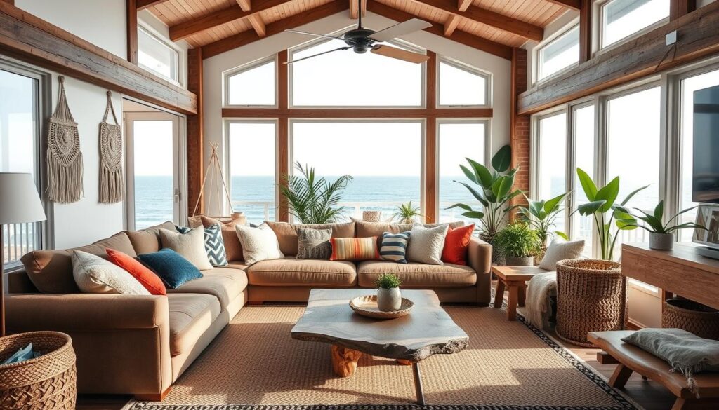 A spacious coastal-inspired living room with boho-chic elements. In the foreground, a plush, overstuffed sofa is adorned with an array of colorful, textured throw pillows. Macrame wall hangings and woven baskets add visual interest to the middle ground. The background showcases large windows that flood the space with natural light, overlooking a serene ocean view. Wooden beams, exposed brick, and a natural fiber area rug create a warm, earthy ambiance. Lush indoor plants and a wooden coffee table with driftwood accents complete the effortlessly elegant, beach-inspired aesthetic. Soft, diffused lighting casts a cozy glow throughout the relaxing, inviting space.