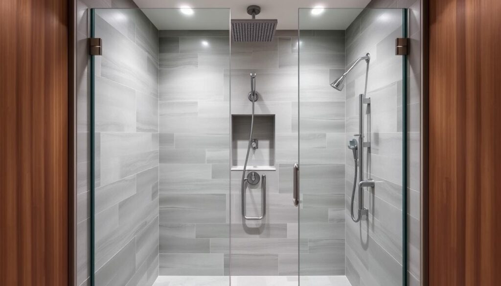 A spacious, contemporary walk-in shower with sleek, minimalist design. Soft, diffused lighting illuminates the clean, geometric tile patterns in shades of neutral gray and white. Frameless glass panels allow an unobstructed view of the shower's focal point - a large, rain-style showerhead mounted on the back wall. Subtle, recessed shelving provides discreet storage. The shower is set against a backdrop of warm, natural wood paneling, creating a serene, spa-like ambiance. The camera angles capture the shower's elegant proportions and seamless integration into the overall bathroom layout.