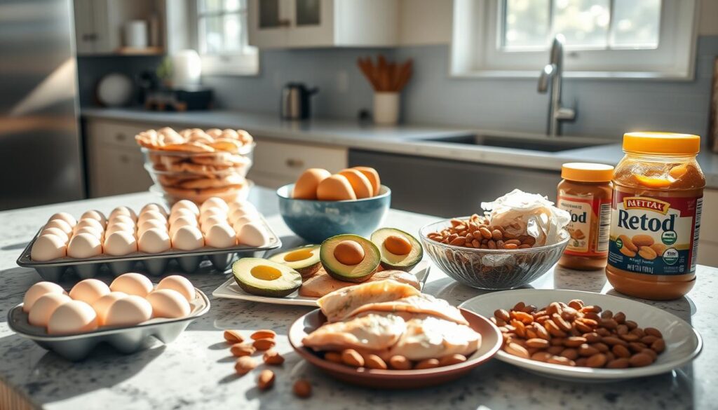 A spacious kitchen countertop showcases an assortment of budget-friendly keto staples: a tray of hard-boiled eggs, a stack of grilled chicken breasts, a bowl of avocado slices, a plate of roasted almonds, and a jar of peanut butter. Sunlight streams in through a large window, casting a warm glow over the scene. The overall mood is one of simplicity, practicality, and health-conscious abundance, reflecting the down-to-earth, cost-effective nature of these essential keto protein sources.