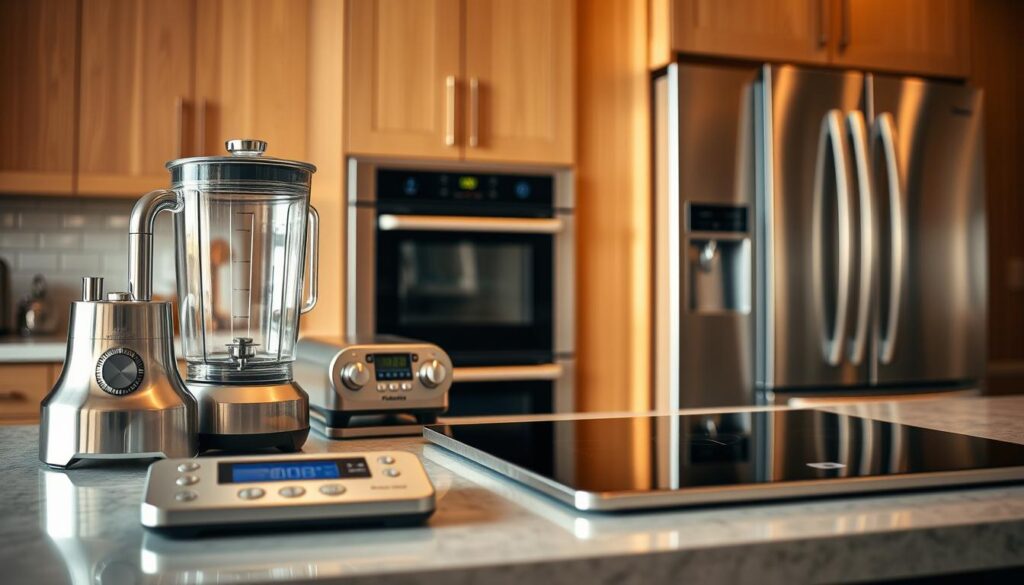 A stunning kitchen countertop scene showcasing a collection of top-of-the-line appliances. In the foreground, a gleaming stainless steel professional-grade blender, a high-powered food processor, and a precision digital kitchen scale. In the middle ground, a sleek induction cooktop with minimalist controls, alongside a state-of-the-art convection oven with a tempered glass window. In the background, a French-door refrigerator with a glowing LED-lit interior. The lighting is natural and diffused, creating a warm, inviting atmosphere. The camera angle is slightly elevated, capturing the appliances from an eye-level perspective, emphasizing their modern, ergonomic design. The overall composition is balanced and visually striking, showcasing the latest and greatest in kitchen technology.