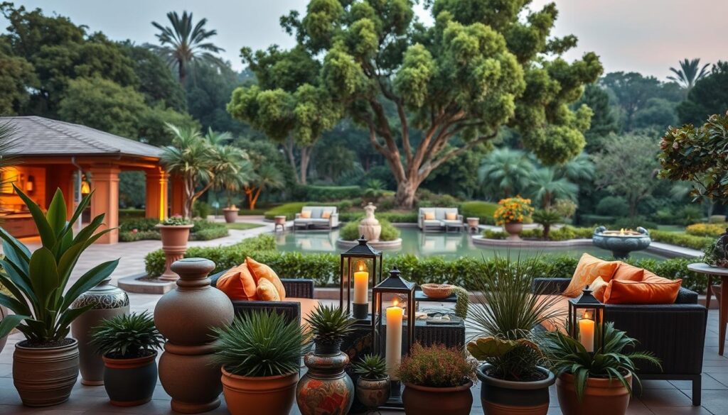 A stunning outdoor scene with a stylish and inviting ambiance. In the foreground, a meticulously curated arrangement of potted plants, ornamental sculptures, and decorative lanterns create a captivating focal point. The middle ground features a cozy seating area with plush, weather-resistant furnishings in rich, earthy tones, complementing the natural surroundings. In the background, a lush, verdant landscape with towering trees and a tranquil water feature sets the stage for a serene, resort-like atmosphere. Warm, diffused lighting casts a soft, romantic glow, enhancing the overall sense of elegance and relaxation. The entire scene is captured through a wide-angle lens, showcasing the harmonious integration of design elements and the overall inviting ambiance of this stylish outdoor oasis.