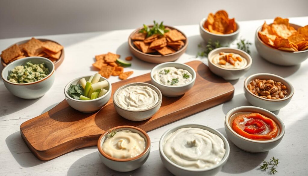 A stylish and inviting table setting featuring an assortment of creamy keto-friendly dips and spreads. In the foreground, a rustic wooden board showcases a variety of keto-friendly dips, such as avocado, spinach and artichoke, and roasted red pepper. Surrounding the board are small ceramic dishes filled with crunchy keto-approved accompaniments like sliced cucumber, celery sticks, and jicama. Soft, natural lighting illuminates the scene, creating a warm and welcoming atmosphere. The middle ground features a selection of low-carb crackers, nut-based chips, and fresh herbs. In the background, a minimalist white backdrop allows the textures and colors of the keto snacks to take center stage. The overall composition reflects a quick, yet satisfying keto-friendly spread that invites the viewer to indulge.