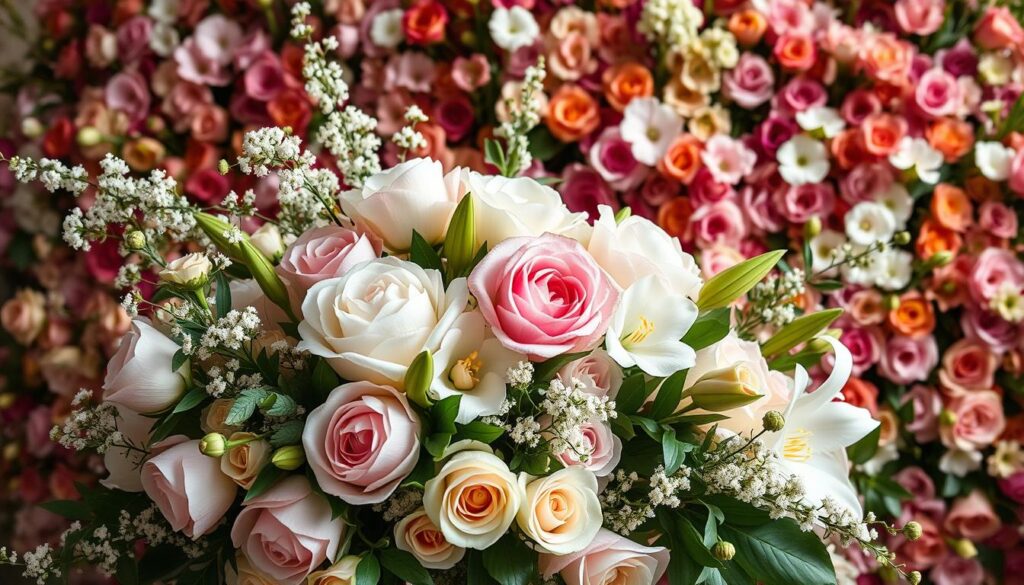 A sumptuous arrangement of classic floral styles, captured in soft, natural lighting. In the foreground, an elegant bouquet of lush peonies, roses, and lilies in a range of pastel hues. The middle ground showcases cascading greenery, twisting vines, and delicate baby's breath. In the background, a lavish tapestry of rich, vibrant blooms fills the frame, creating a sense of depth and abundance. The overall composition exudes a timeless, refined elegance, perfect for enhancing the beauty of any home.