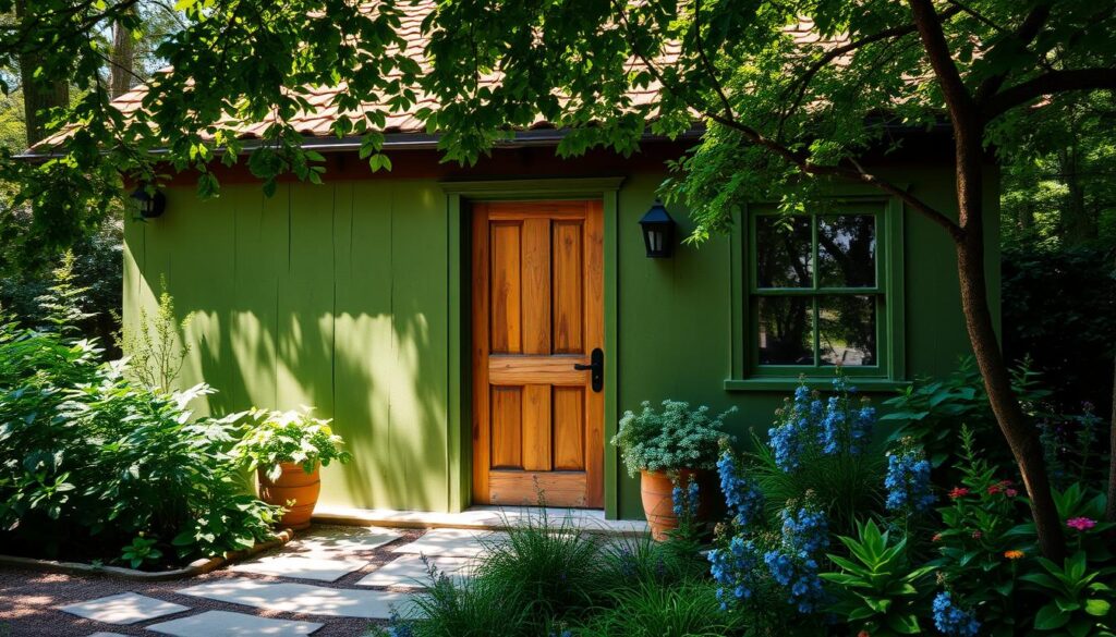 A sun-dappled exterior of a rustic cottage, its walls painted in a rich, earthy green hue that blends seamlessly with the lush foliage surrounding it. The paint has a warm, weathered texture, with subtle variations in tone that evoke the natural world. A wooden front door, accented with tasteful black hardware, stands invitingly open, beckoning visitors to step inside. Soft, diffused light filters through the trees, casting a gentle glow over the scene and creating a serene, calming atmosphere. In the foreground, a well-tended garden bursts with vibrant greens, blues, and splashes of color, reinforcing the connection between the home and its natural setting. The overall impression is one of tranquility, harmony, and a deep appreciation for the beauty of the earth.