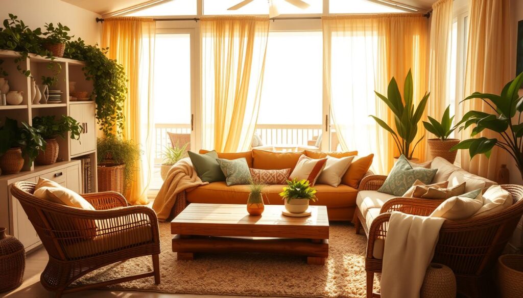 A sun-drenched boho coastal living room, bathed in warm, golden light. The focal point is a plush, overstuffed sofa draped in soft, textured fabrics in earthy tones of ochre and sage. Wicker chairs, a rustic wooden coffee table, and a cozy shag rug create a laid-back, inviting atmosphere. Lush, trailing plants cascade from shelves, their verdant foliage framing the scene. Sheer, billowing curtains flutter gently, revealing glimpses of a sun-dappled deck and the distant ocean beyond. The overall effect is one of effortless, beachy sophistication - a serene oasis that evokes the carefree spirit of coastal living.