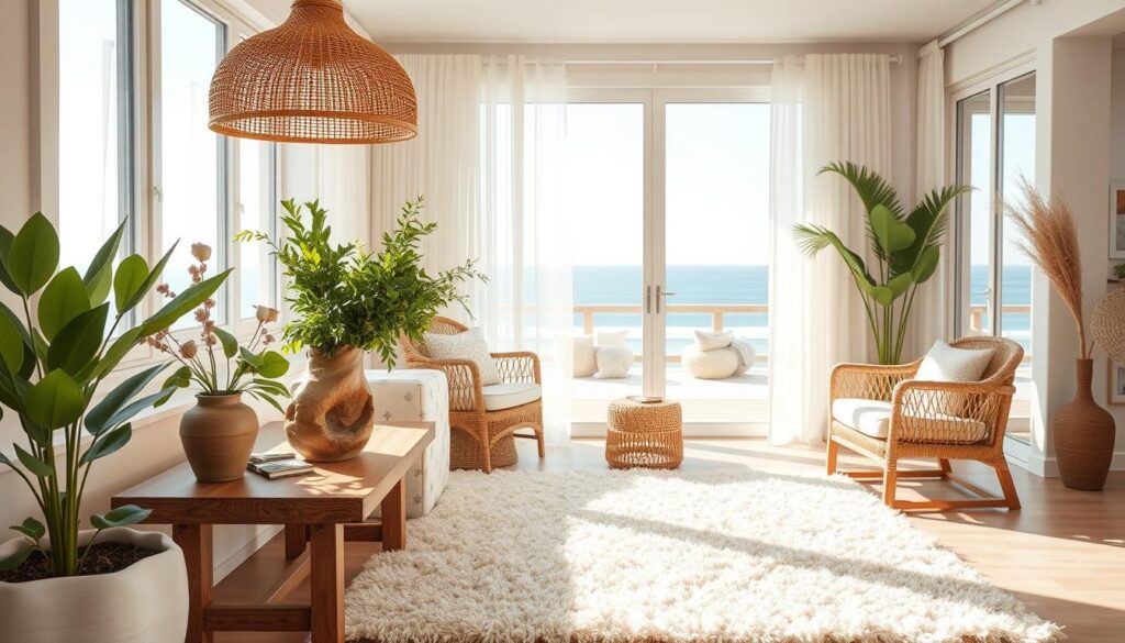 A sun-drenched coastal boho scene, captured with a wide-angle lens. In the foreground, a woven rattan pendant lamp casts a warm glow over a wooden side table adorned with a driftwood-style vase holding lush greenery. In the middle ground, a plush ivory shag rug and a pair of natural wood-and-seagrass accent chairs invite relaxation. Beyond, large windows frame a dreamy ocean view, with sheer curtains gently swaying in the sea breeze. The overall effect is one of effortless, laid-back elegance, perfectly embodying the spirit of boho coastal decor.