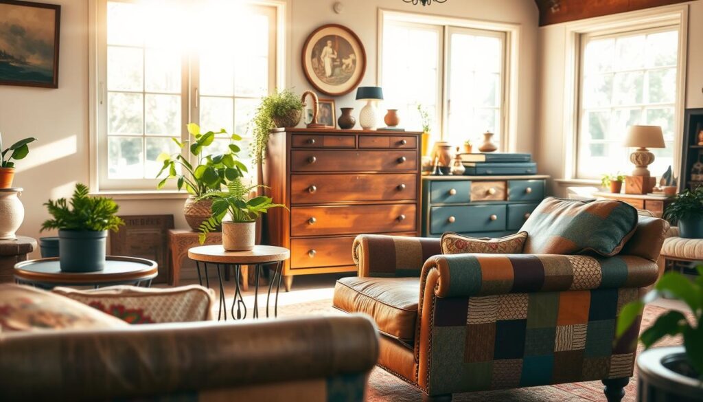 A sun-drenched living room, filled with an eclectic collection of upcycled furniture. In the foreground, a vintage armchair, its weathered leather reupholstered with a vibrant, patchwork fabric. Beside it, a side table crafted from repurposed wood and metal, its surface adorned with a lush, green plant. In the middle ground, a refurbished dresser, its drawers adorned with mismatched knobs and handles, standing proudly as the focal point. The background features a large window, allowing natural light to pour in, casting a warm, golden glow over the space. The overall atmosphere is one of creativity, sustainability, and a sense of timeless charm.