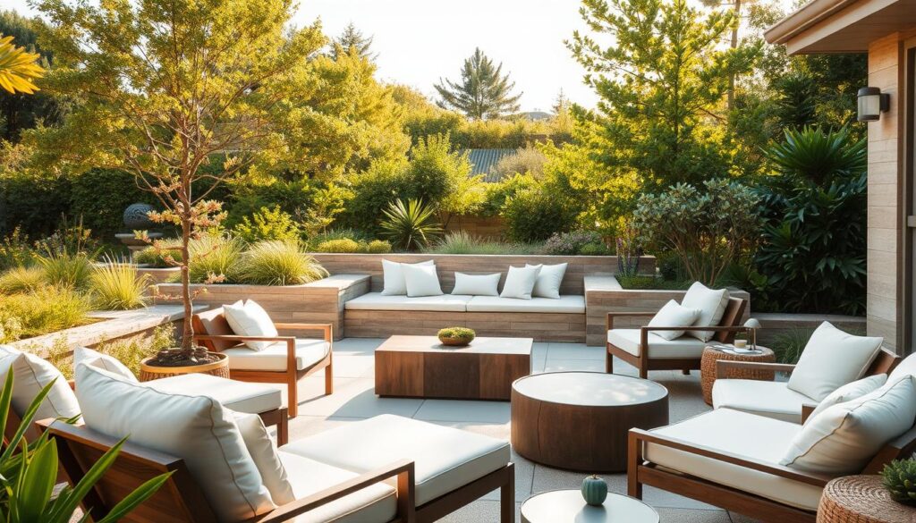 A sun-drenched outdoor oasis showcasing an array of creative seating solutions. In the foreground, a collection of stylish, modern lounge chairs with plush cushions, arranged in a cozy conversational setting. In the middle ground, a built-in bench crafted from natural materials, blending seamlessly with the surrounding landscape. In the background, a lush, verdant garden provides a tranquil, nature-inspired backdrop, accentuated by the warm, golden glow of the afternoon sun filtering through the foliage. The scene evokes a sense of relaxation and effortless sophistication, inviting the viewer to envision themselves unwinding in this inviting outdoor retreat.