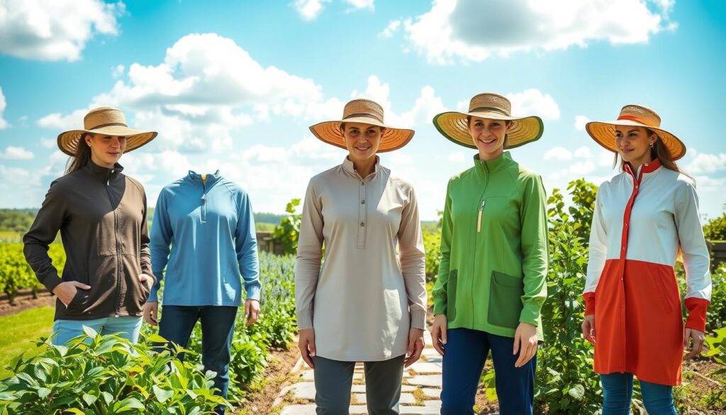 A sunny outdoor garden scene with a foreground featuring a group of stylish, lightweight long-sleeved gardening tops in a variety of colors and designs. The tops have high collars, broad brimmed hats, and mesh panels for ventilation, all designed to provide optimal sun protection for productive gardening. In the middle ground, lush greenery and thriving plants surround a stone pathway. The background showcases a tranquil blue sky with fluffy white clouds. The lighting is natural and flattering, evoking a calm, peaceful atmosphere perfect for a productive day of gardening.