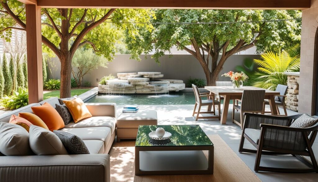 A tranquil outdoor living space, showcasing the latest trends in stylish and functional patio furniture. In the foreground, a cozy sectional sofa in neutral tones, adorned with plush cushions and vibrant throw pillows. Next, a sleek, minimalist coffee table with clean lines and a glass top, reflecting the natural surroundings. In the middle ground, a weathered wood dining set with modern, angular chairs, positioned under the dappled sunlight filtering through a lush, verdant canopy of trees. In the background, a serene water feature, its gentle sounds providing a calming ambiance. The overall scene exudes a harmonious blend of contemporary design and natural elements, perfectly suited for enjoying the great outdoors in any climate.