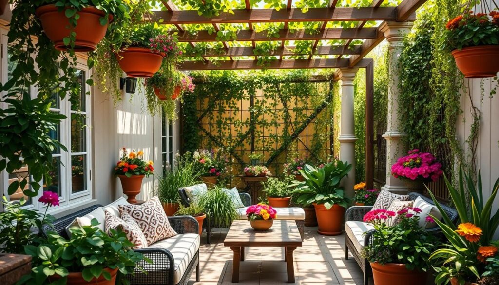 A tranquil patio oasis, sun-dappled and lush with container gardens. Lush green foliage cascades from hanging baskets, complemented by the earthy tones of terracotta pots brimming with vibrant blooms. A cozy seating area in the foreground, with plush outdoor furniture and a rustically chic coffee table, inviting relaxation. In the background, a trellis of climbing vines casts a warm, dappled light across the scene. The patio is framed by tall potted plants, creating a sense of enclosure and privacy. The overall atmosphere is one of serene, natural beauty, a harmonious blend of greenery and stylish decor.
