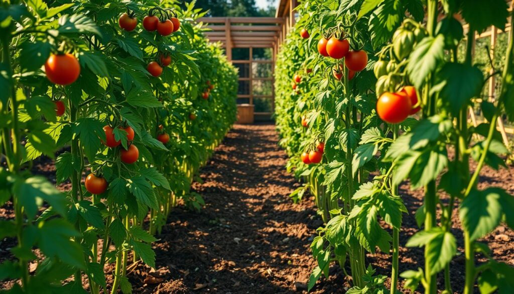 A verdant organic tomato garden bathed in warm afternoon sunlight. In the foreground, lush tomato plants stand tall, their vibrant green foliage and clusters of ripening red tomatoes glistening. The middle ground reveals carefully tended soil, enriched with compost and mulch, supporting the thriving plants. In the background, a wooden trellis system provides structure and support, allowing the vines to sprawl and climb. The scene emanates a sense of natural abundance and harmony, with gentle shadows and highlights accentuating the textures and shapes of the organic produce. A wide-angle lens captures the entire scene, inviting the viewer to immerse themselves in this bountiful, sustainable, and visually captivating tomato cultivation.