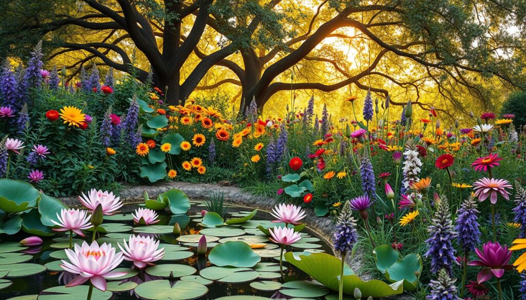 A vibrant bohemian garden bursting with lush flora in a mesmerizing color palette. Foreground features a tranquil pond with floating lotus flowers in shades of pink and purple, surrounded by verdant foliage in hues of emerald, sage, and olive. Middle ground showcases a profusion of blooming wildflowers - sunburst yellows, vermilion reds, and deep indigo touches, arranged in a captivating natural harmony. The background is a dreamy, sun-dappled canopy of overarching trees, their leaves casting a warm, golden glow across the entire scene. Soft, diffused lighting imbues the garden with a sense of enchantment, creating an inviting and serene atmosphere.