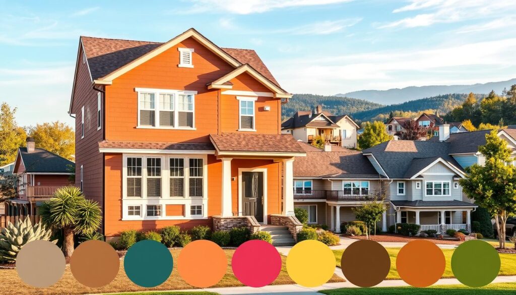 A vibrant display of exterior paint color trends, showcasing a harmonious palette of hues. In the foreground, a well-maintained suburban home stands tall, its facade adorned with a rich, earthy tone that complements the surrounding natural elements. The middle ground features a variety of architectural styles, each with a distinct color scheme, ranging from soft pastel shades to bold, statement-making hues. In the background, a picturesque landscape unfolds, with lush greenery and a clear, blue sky that sets the scene for a tranquil, inviting atmosphere. The lighting is natural and warm, casting a gentle glow that enhances the depth and texture of the colors. The overall composition conveys a sense of timeless elegance and modern sophistication, inspiring homeowners to explore the endless possibilities of exterior paint color trends. Prompt