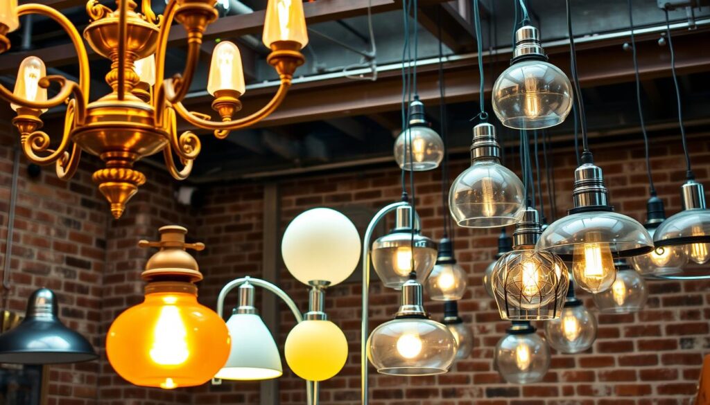 A vintage-inspired collection of distinctive retro lighting fixtures, showcasing the evolution of design through the decades. In the foreground, an ornate brass chandelier with graceful curved arms and intricate details, casting a warm, amber glow. In the middle ground, a trio of streamlined, chrome-accented table lamps with rounded, geometric silhouettes, evoking the sleek aesthetic of the mid-century era. Against a backdrop of exposed brick walls and exposed industrial beams, a cluster of pendant lights in varying sizes and shapes, their glass globes and metal frames reflecting the soft, atmospheric lighting. The overall scene captures the timeless allure of retro-inspired illumination, blending classic elegance with modern sensibilities.