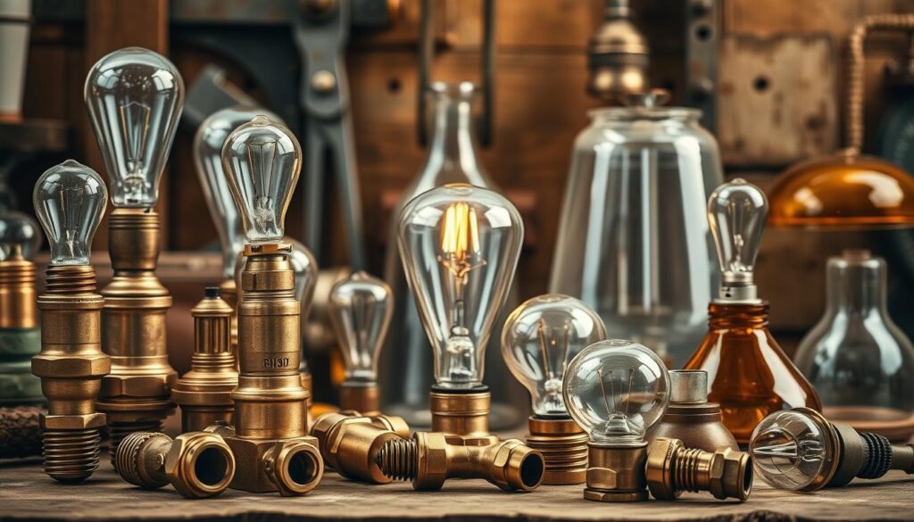 A vintage-inspired still life with an assortment of classic lighting materials. In the foreground, an array of brass and glass lamp components - bulb sockets, switches, and detailed fittings. In the middle ground, a collection of distinctive glass shades in amber, clear, and frosted finishes. In the background, a wooden workbench or tabletop, with hints of aged wood grain and weathered metal tools, evoking a sense of timeless craftsmanship. Warm, soft lighting bathes the scene, casting gentle shadows and highlights that accentuate the textures and patina of the vintage-inspired elements. The overall mood is one of nostalgic elegance and artisanal charm.