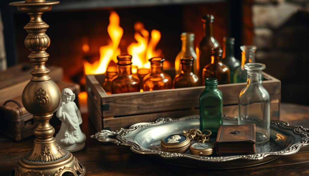 A vintage vignette of decorative home accessories, captured in warm, soft lighting. In the foreground, an ornate brass candlestick, its patina shimmering, stands beside a delicate porcelain figurine. Nearby, a tarnished silver tray holds an assortment of antique trinkets - a pocket watch, a delicate cameo brooch, and a small, leather-bound book. In the middle ground, a weathered wooden crate displays a collection of antique glass bottles and jars, their hues ranging from amber to emerald green. The background is filled with the gentle glow of a crackling fireplace, casting a cozy, timeless atmosphere over the scene.