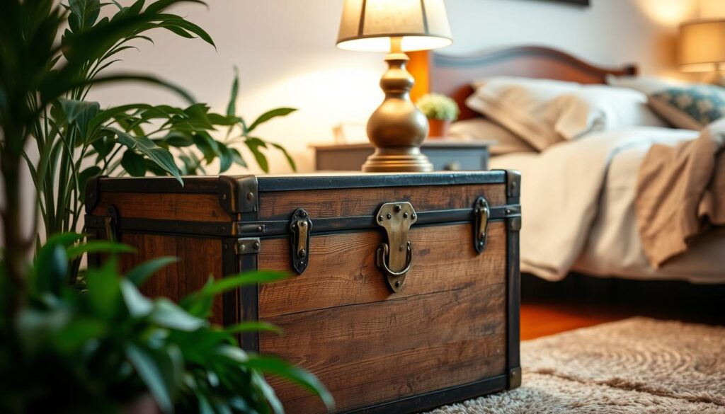 A vintage wooden trunk, weathered and worn, converted into a charming bedside table. Soft, warm lighting casts a cozy glow, complemented by a plush area rug and lush, verdant plants. The trunk's hardware, brass and tarnished, adds rustic elegance. In the foreground, atop the trunk, a single table lamp with a parchment shade illuminates the space. The background features a cozy, neutral-toned bedroom, hinting at the nostalgia and timeless appeal of this unique furniture piece.