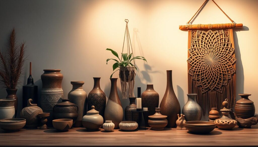 A visually stunning arrangement of unique home decor pieces, showcasing a captivating mix of textures, shapes, and materials. In the foreground, an intricately carved wooden wall hanging with intricate geometric patterns casts dramatic shadows across the surface. Surrounding it, an assortment of artisanal ceramic vases, earthenware bowls, and handcrafted sculptures in earthy tones and organic forms create a harmonious, yet eclectic, visual tableau. The middle ground features a hanging macrame plant holder, its delicate fibers cascading gracefully, complemented by a sleek, minimalist metal candle holder. The background is a soft, neutral-toned wall, allowing the handpicked decor pieces to take center stage and exude a sense of refined, yet personalized, style. Dramatic lighting from above casts a warm, inviting glow, evoking a cozy, intimate atmosphere.