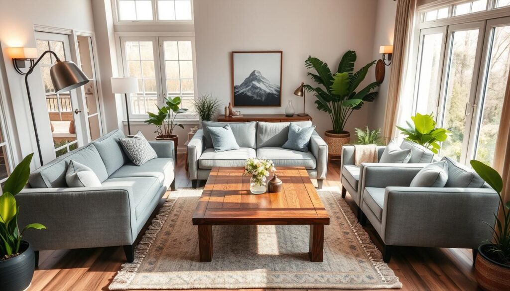A visually stunning living room with a plush gray sofa, two comfortable armchairs, and a wooden coffee table arranged in a cozy, conversational setup. Soft lighting from a modern floor lamp and sconces creates a warm, inviting ambiance. The room is framed by large windows that let in natural light, revealing a harmonious mix of textures and hues. Carefully placed potted plants and a stylish area rug complete the welcoming, well-balanced interior design. The camera angle showcases the furniture's optimal positioning for maximum flow and functionality within the space.