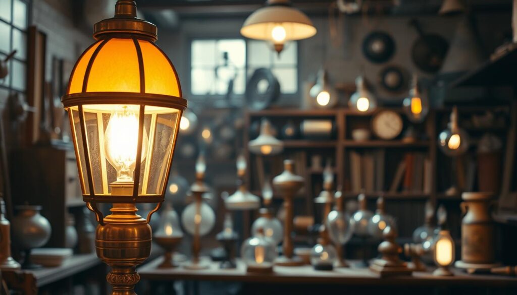 A warm, glowing vintage lamp stands prominently in the foreground, its intricate brass and glass casing meticulously restored to a lustrous shine. Soft, ambient lighting emanates from within, casting a nostalgic, sepia-toned glow across the scene. In the middle ground, a collection of various retro lamps and fixtures, each with its own unique character and history, await careful rehabilitation. The background reveals a cozy, dimly lit workshop space, filled with old-world tools and materials, creating an atmosphere of timeless craftsmanship.