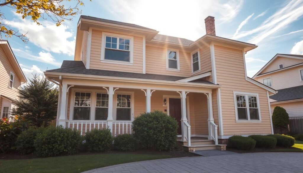 A warm, inviting exterior of a charming two-story house, bathed in soft, golden beige tones. The façade is adorned with crisp white trim, complementing the earthy hues of the siding. Sunlight gently filters through wispy clouds, casting a gentle glow over the scene. The landscaping includes lush, well-manicured shrubs and a neatly paved driveway leading to the front door. The overall atmosphere exudes a sense of tranquility and timeless elegance, creating a welcoming first impression.
