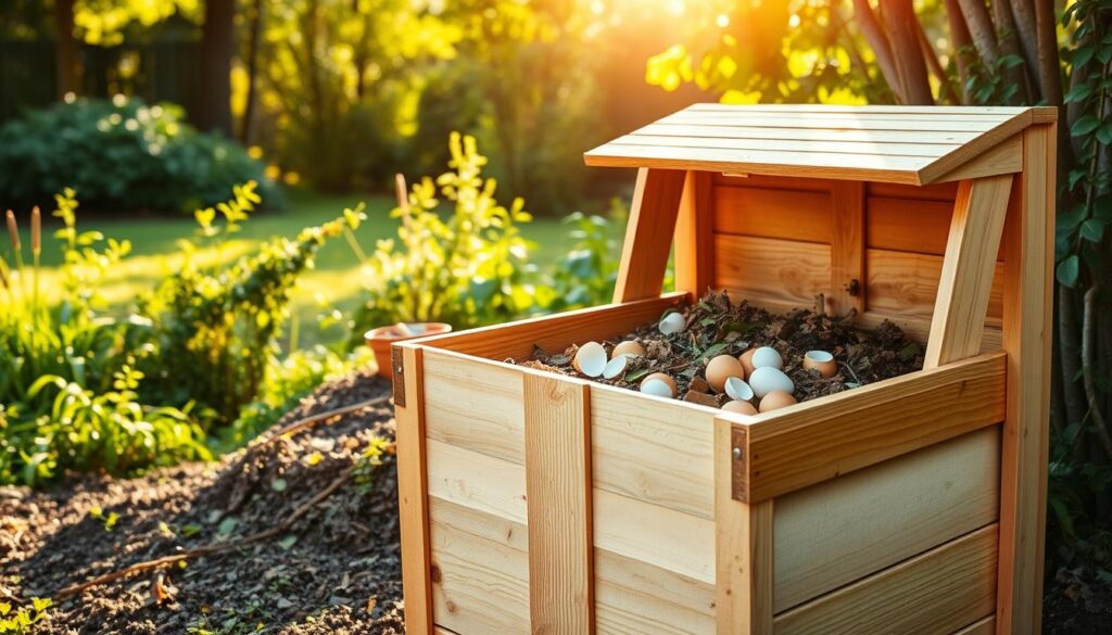 A well-designed DIY composting system with a wooden bin in the foreground, featuring a slatted front and a hinged lid. In the middle ground, various compost materials like leaves, vegetable scraps, and eggshells are visible, arranged in layers. The background showcases a lush, green garden setting, with sunlight filtering through the trees and creating a warm, natural ambiance. The overall composition emphasizes the simplicity and sustainability of the composting process, inviting the viewer to consider creating their own backyard composting setup.