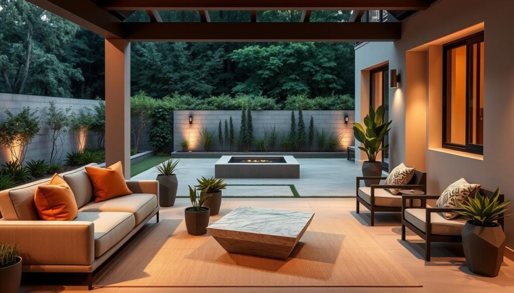 A well-designed contemporary patio with a minimal, clean-lined aesthetic. The foreground features a low-profile sectional sofa in a neutral tone, accented with plush throw pillows in earthy tones. An angular coffee table of natural wood or stone anchors the seating area. In the middle ground, potted plants in geometric planters add pops of greenery, while a modern outdoor rug in a subtle pattern ties the space together. The background showcases a sleek, low-profile water feature or fire pit, framed by a backdrop of lush foliage and architectural details like exposed beams or stone walls. Warm, ambient lighting from discreet fixtures casts a cozy glow over the entire scene. The overall mood is one of sophisticated relaxation and harmonious outdoor living.