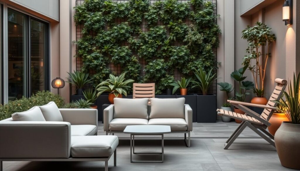 A well-designed outdoor patio with sleek, minimalist space-saving furniture. In the foreground, a small-scale modular sofa with clean lines and a neutral upholstery, paired with a compact foldable coffee table. In the middle ground, a multifunctional rocking chair with an integrated side table, nestled between potted plants. The background features a vertical garden wall, creating a serene, nature-inspired ambiance. Warm, diffused lighting accentuates the contemporary, space-efficient layout, captured from a slightly elevated angle to showcase the efficient use of the limited outdoor area.