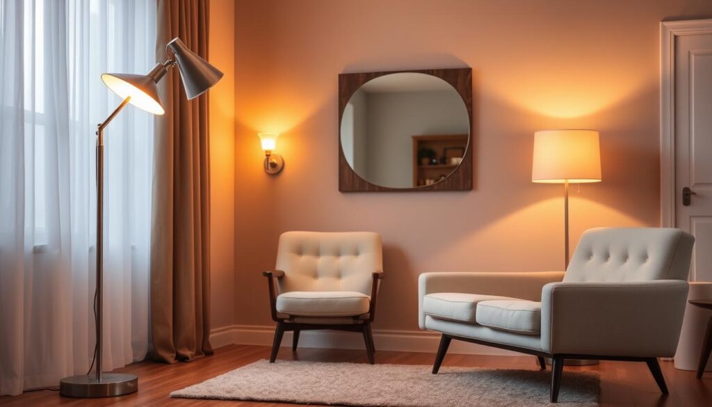 A well-lit 1950s-inspired living room scene, with a prominent mid-century floor lamp casting a warm, ambient glow. The lamp's sleek chrome base and tapered, angular shade create a stylish, retro silhouette. Vintage-style sconces flank a wall-mounted mirror, their soft, golden illumination accentuating the room's cozy atmosphere. A pair of mid-century modern armchairs sit adjacent, their clean lines and tufted upholstery complementing the overall aesthetic. Hardwood floors and a plush area rug ground the composition, while a subtle, muted color palette of earth tones and soft pastels evokes the timeless charm of the 1950s.