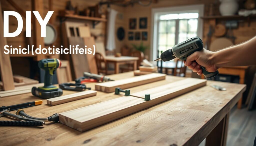 A well-lit, close-up image of a DIY tutorial demonstrating the step-by-step process of building farmhouse-style shelves. The scene is set on a wooden workbench, with various carpentry tools and materials neatly arranged. The foreground features a person's hands holding a power drill, while the middle ground shows the wooden boards, clamps, and other construction materials. The background offers a glimpse of a cozy, rustic farmhouse interior, suggesting the final placement of the handcrafted shelves. The lighting is warm and natural, emphasizing the texture of the wood and the focus on the hands-on assembly. The overall mood is one of instructive, DIY craftsmanship.