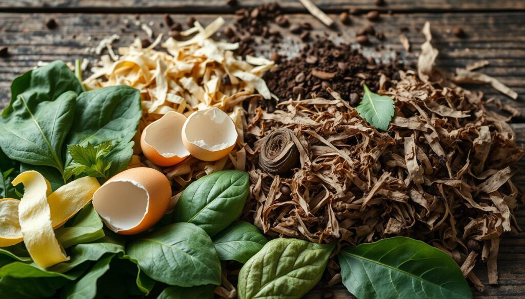 A well-lit, close-up image of a diverse assortment of composting materials arranged on a rustic wooden surface. In the foreground, lush green leaves, vegetable peels, and eggshells sit alongside brown, fibrous materials like shredded newspaper, cardboard, and dried leaves. A sprinkling of coffee grounds and shredded paper creates a textured background. The overall composition is balanced, highlighting the contrasting colors and textures of the "green" and "brown" compost ingredients. The image conveys a sense of natural abundance and the promise of nutrient-rich soil to come.