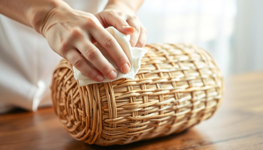 A well-lit, close-up view of a person's hands gently cleaning and maintaining a rattan basket or woven piece. The piece is placed on a wooden table or surface, with soft natural lighting illuminating the textures and patterns of the rattan. The hands are using a soft cloth or brush to lightly dust and wipe the surface, revealing the intricate weave and warm tones of the material. The background is blurred, placing the focus on the delicate care and attention being given to the rattan object. The overall mood is one of tranquility, care, and appreciation for the beauty of natural, handcrafted materials.