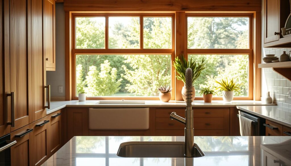A well-lit, cozy kitchen with natural wood accents and a farmhouse-inspired aesthetic. In the foreground, a set of sleek, modern cabinets with brushed metal hardware and a undermount sink. In the middle ground, a stunning quartz countertop with subtle veining, complemented by a subway tile backsplash in a neutral tone. The background features a large window overlooking a lush, verdant garden, allowing abundant natural light to flood the space. The overall mood is one of warmth, coziness, and a touch of rustic charm, creating an inviting and visually-appealing kitchen without the need for a full renovation.