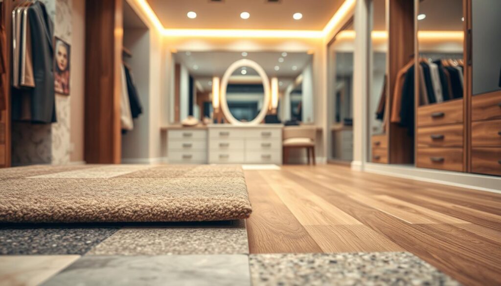 A well-lit dressing room interior, showcasing an assortment of high-quality flooring options. The foreground features a variety of textured tiles, including natural stone, hardwood, and plush carpeting, arranged in a visually appealing display. The middle ground depicts the room's overall layout, with a vanity, mirror, and other furnishings, allowing the viewer to envision how the flooring would complement the space. The background is softly blurred, creating a sense of depth and focus on the flooring samples. The lighting is warm and inviting, casting a gentle glow and highlighting the materials' unique characteristics. The overall mood is one of sophistication, style, and attention to detail, perfectly suited for a luxurious dressing room design.