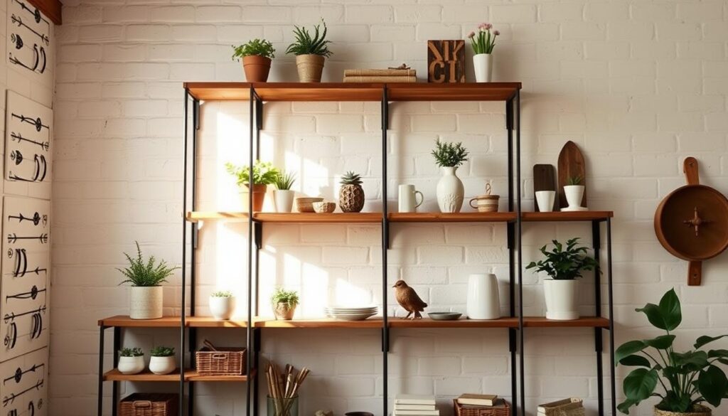 A well-lit farmhouse-style wooden shelving unit standing against a rustic white wall. The shelves are adorned with various decorative elements like potted plants, ceramic vases, and farmhouse-inspired accents. A soft, natural light filters through a nearby window, casting a warm glow over the scene. The camera captures the shelves at a slight angle, showcasing their sturdy construction and attention to detail. The overall atmosphere exudes a sense of cozy, lived-in charm, perfectly suited for the "Maintenance and Care for Your Farmhouse-Style Shelves" section of the DIY article.